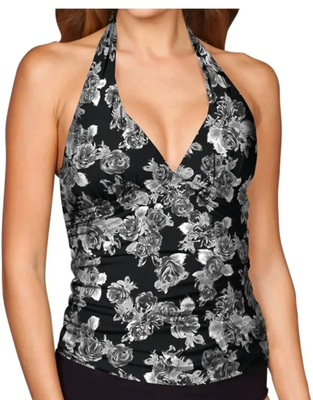 _shirred Halter Tankini Top With Plunging Neckline And Adjustable Tie_
