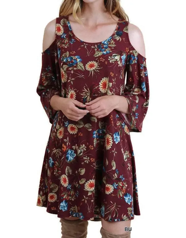 _flower Cold Shoulder Dress With 3/4 Bell Sleeves And Relaxed A-line Silhouette_