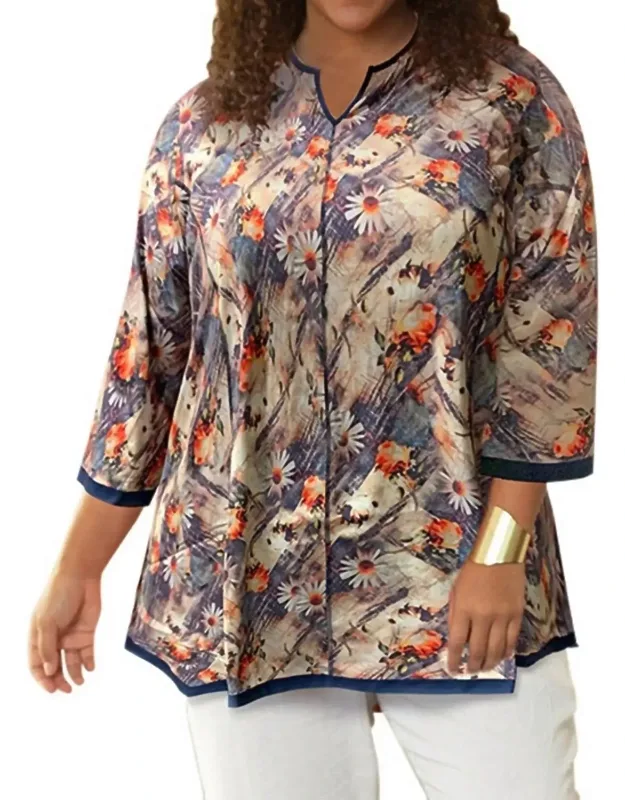 Notched V-neck Anaise Tunic - Plus In Floral Brushstroke, 3/4 Sleeve, Comfortable Fit