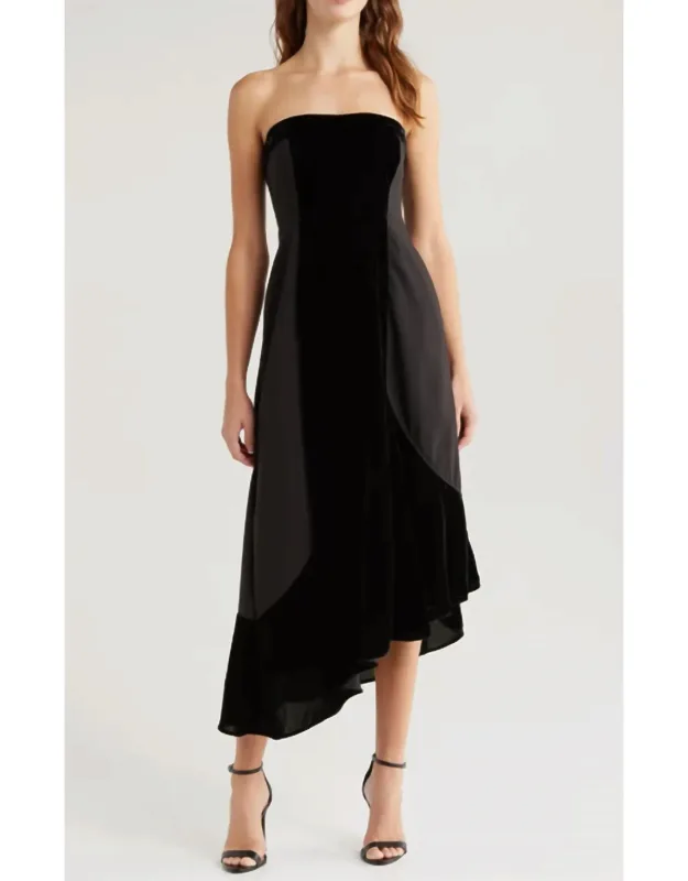 Mixed Media Strapless Asymmetric Midi Dress