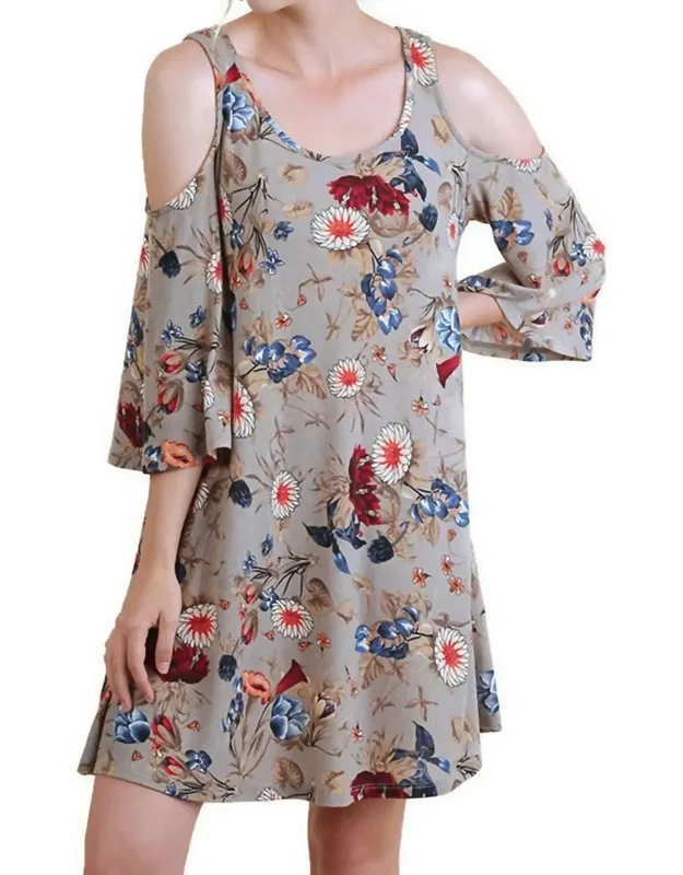 _flower Cold Shoulder Dress With Elbow-length Bell Sleeves And Scoop Neckline_