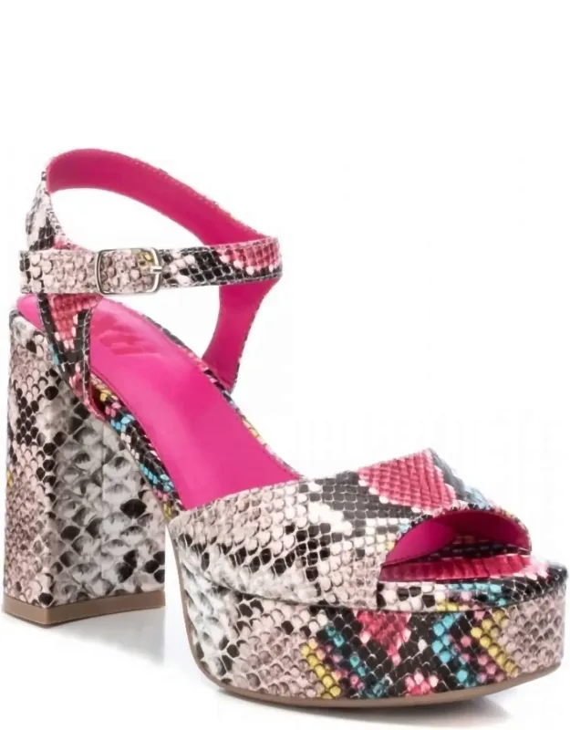 Heeled Platform Sandals In Multicolor With Snake Print And Buckle Closure