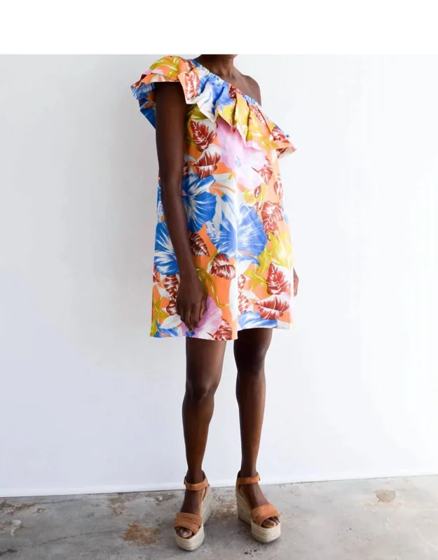 One Shoulder Short Dress In Tropical With Flounce Neckline And Side Seam Pockets