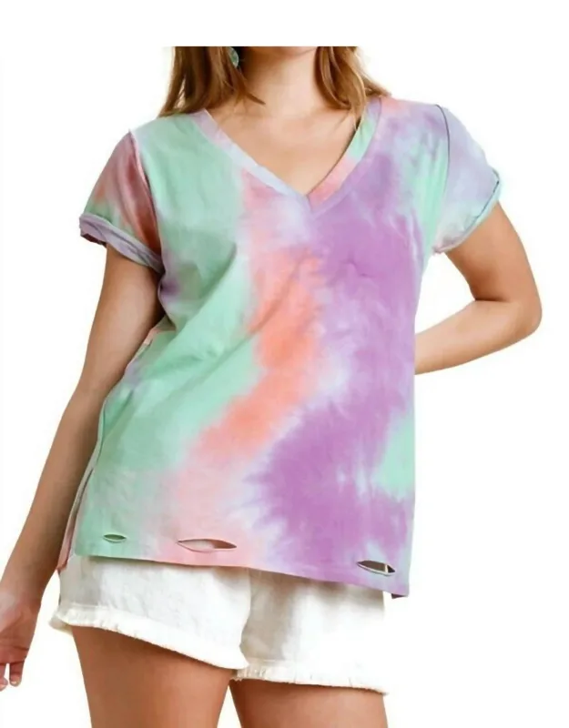 Distressed Tie Dye Top With Short Folded Sleeves And Stylish V-neckline