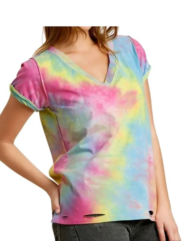 Distressed Tie Dye Top Chic V-neck