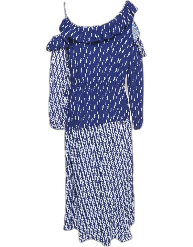 Lighting Print Crepe Ruffled Cold Shoulder Midi Dress