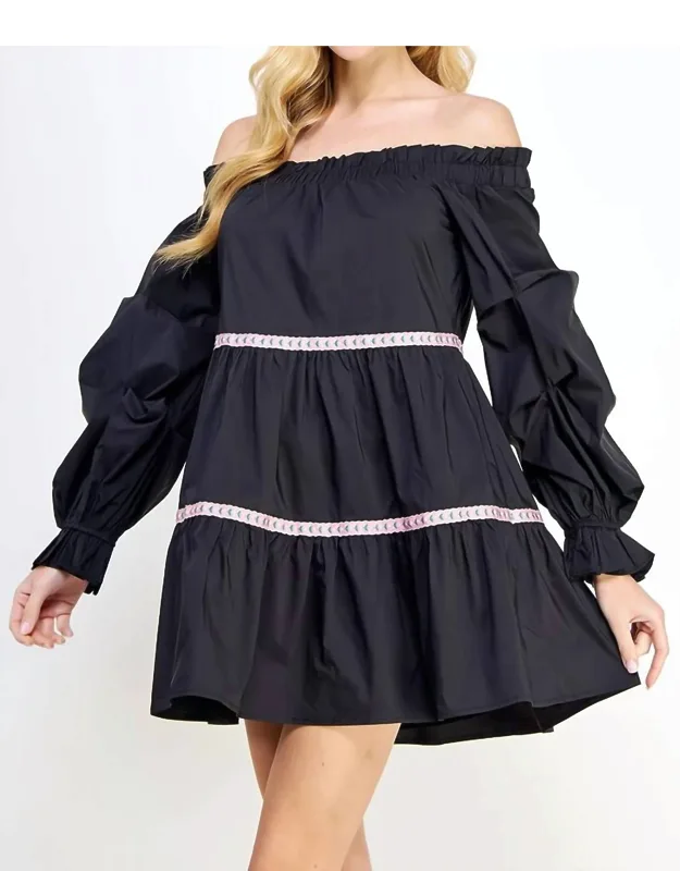 Embroidered Trim Off The Shoulder Tiered Mini Dress