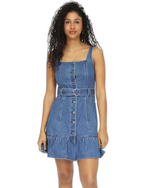 Reunite Denim Mini Dress With Button Up Front And Pockets