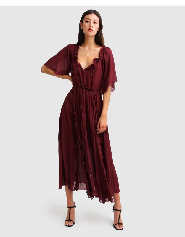 Amour Amour Ruffled Midi Dress With Elbow Length Sleeves And Adjustable Drawstring