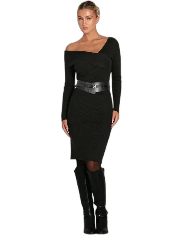 The Way You Move Knit Dress - Asymmetrical Fold Down Neckline, Ribbed Knit
