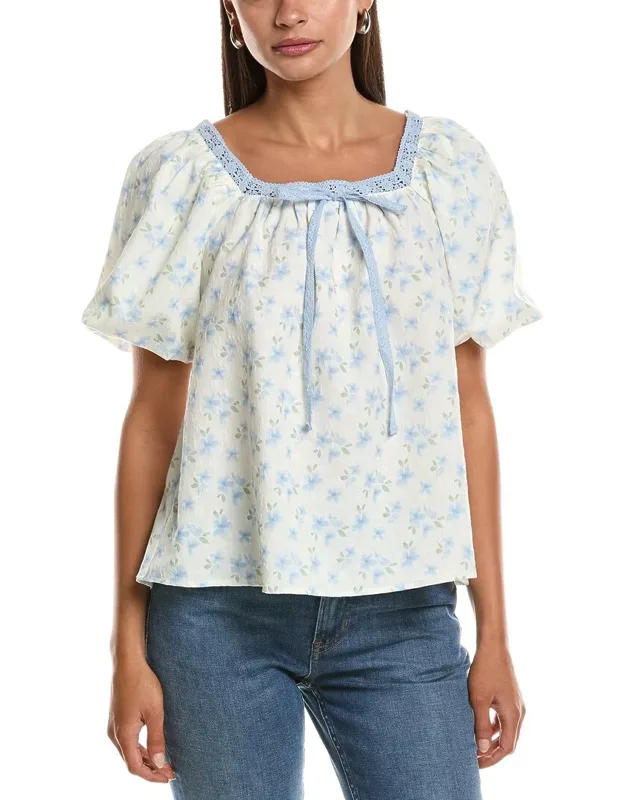 Puff Sleeve Top With Embossed Florals And Lace Trim