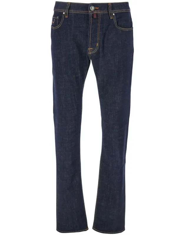 Dark Blue Jeans With Logo Patch On The Back In Stretch Cotton, Five-pocket Design, Slim Fit