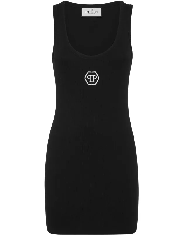Tanktop Dress With Ribbed Stretch Cotton Jersey And Pp Hexagon Embroidery