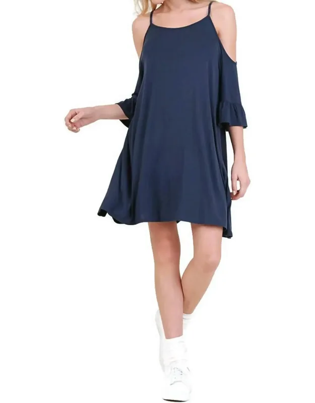 _open Shoulder Ruffle Sleeve Dress In Navy, Chic Mini Dress, Soft Stretchy Fabric, Flattering A-line Silhouette_