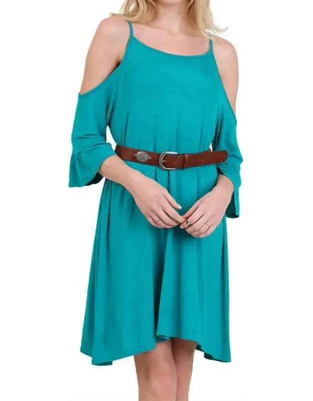 "open Shoulder Ruffle Sleeve Dress With A-line Silhouette And Soft Stretchy Fit"