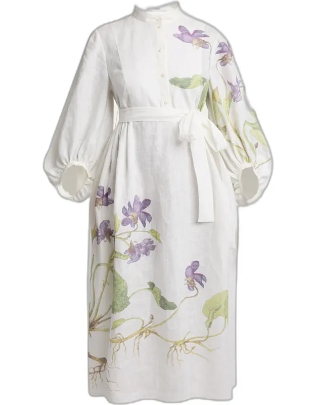 Floral Self-tie Linen Dress