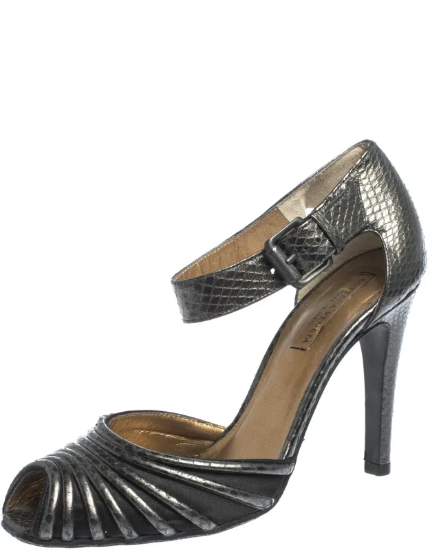 Python Embossed Leather And Satin Ankle Strap Peep Toe Ankle Cuff Sandals