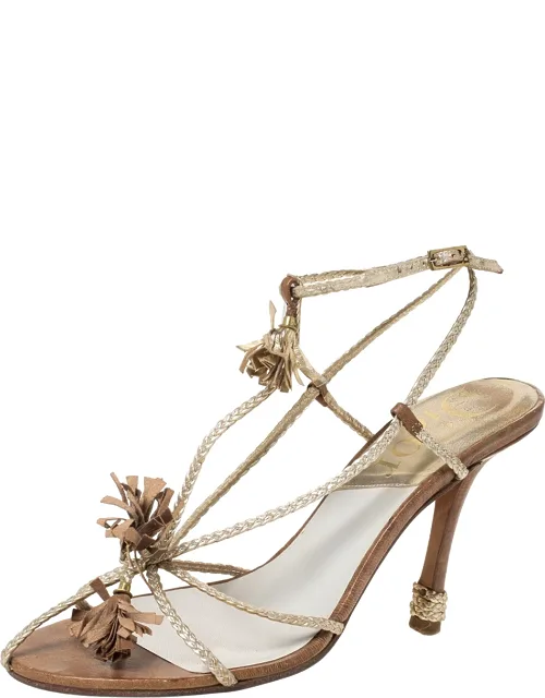 Metallic Gold Woven Leather Strappy Ankle Strap Sandals