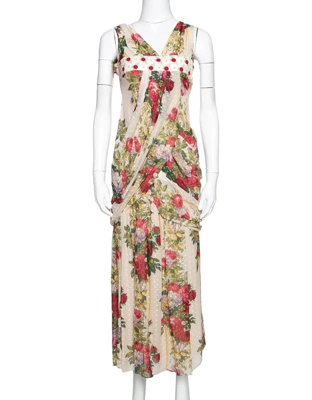 Polka Textured Floral Print Silk Draped Maxi Dress