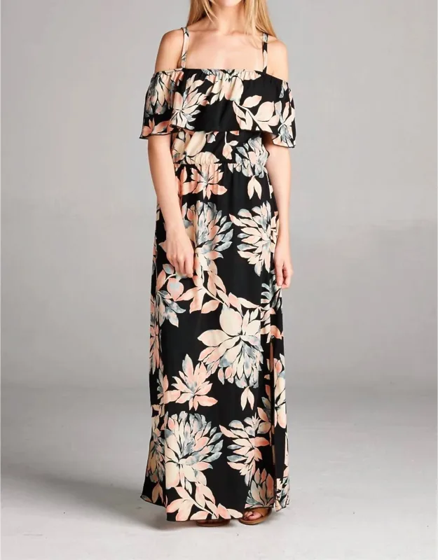 Ruffle Neckline Floral Maxi Dress