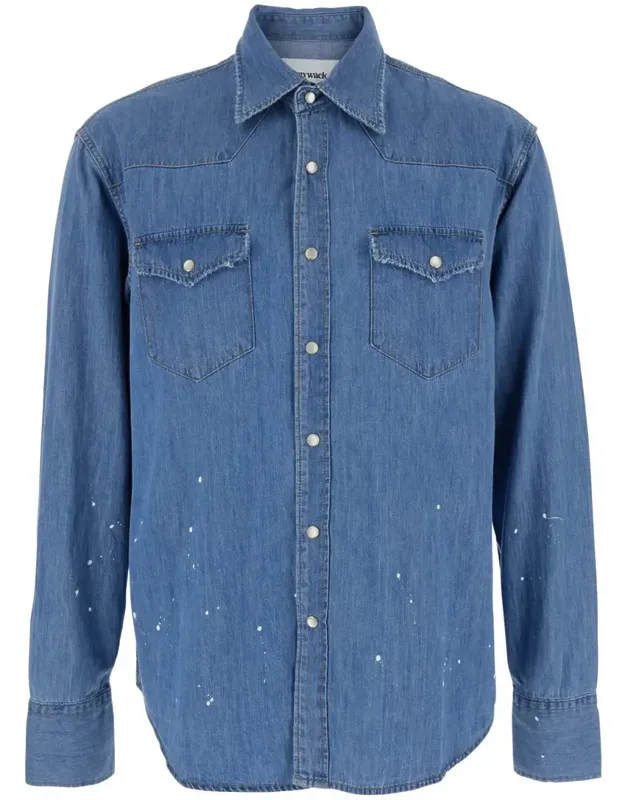 Light Blue Shirt With Classic Collar And All-over Hand Painted Details