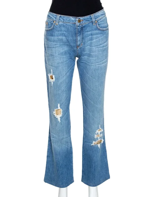 Distressed Denim Embellished Patch Jeans