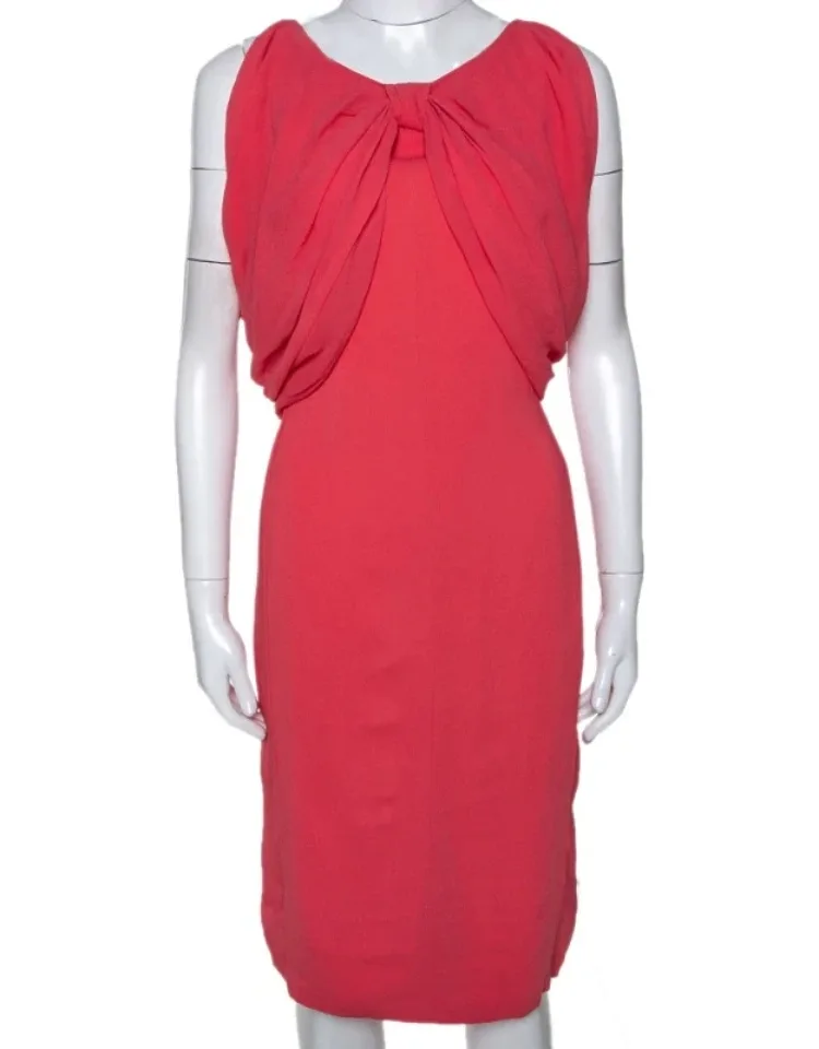 Coral Pink Stretch Crepe Draped Sheath Dress