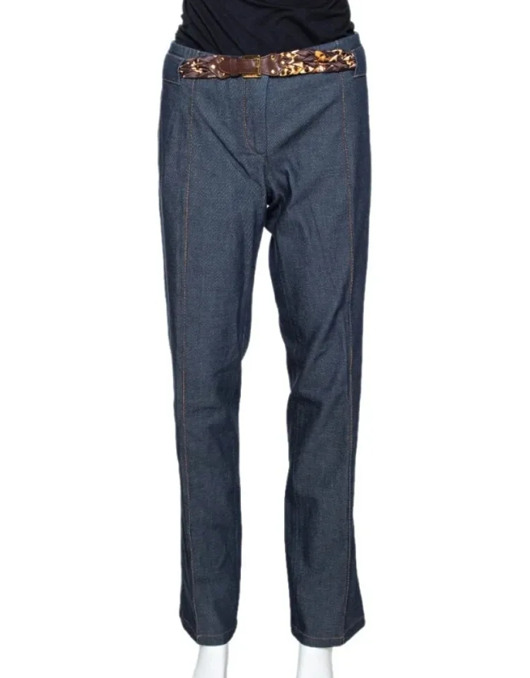 Indigo Stretch Cotton Leopard Print Trim Pants