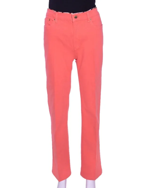 Coral Pink Cotton Logo Plaque Detail Jeans