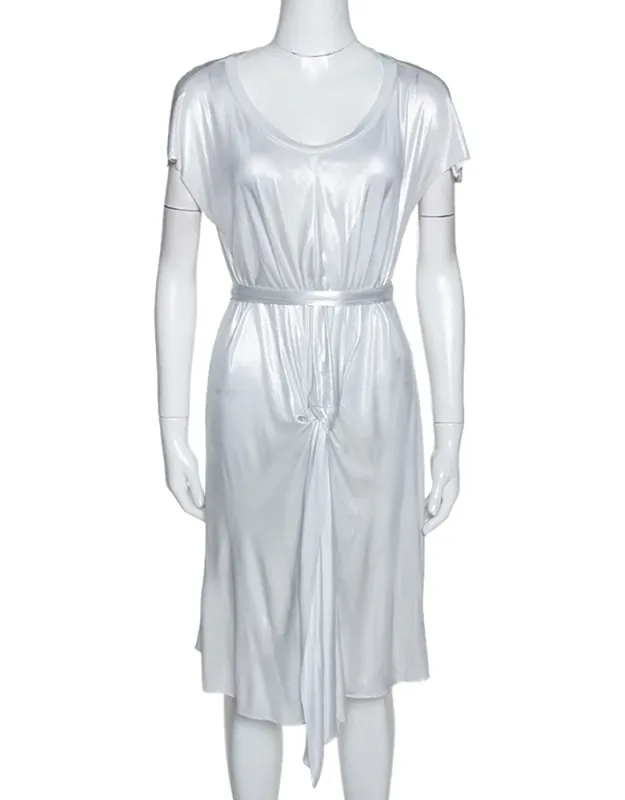 Metallic Silver Draped Front Mini Dress