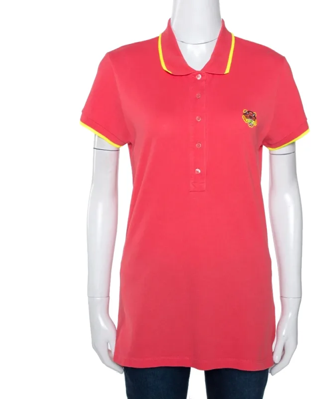 Coral Pink Cotton Pique Tiger Embroidered Polo T-shirt