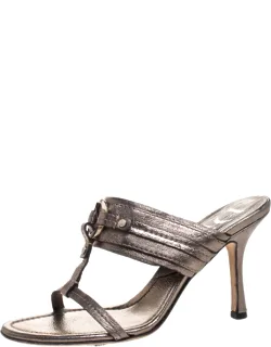 Metallic Leather T Strap Slide Sandals