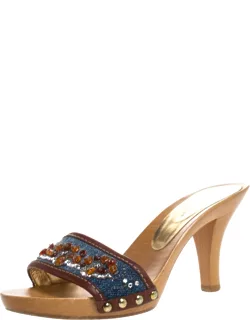 Denim And Leather Trim Embellished Slide Sandals