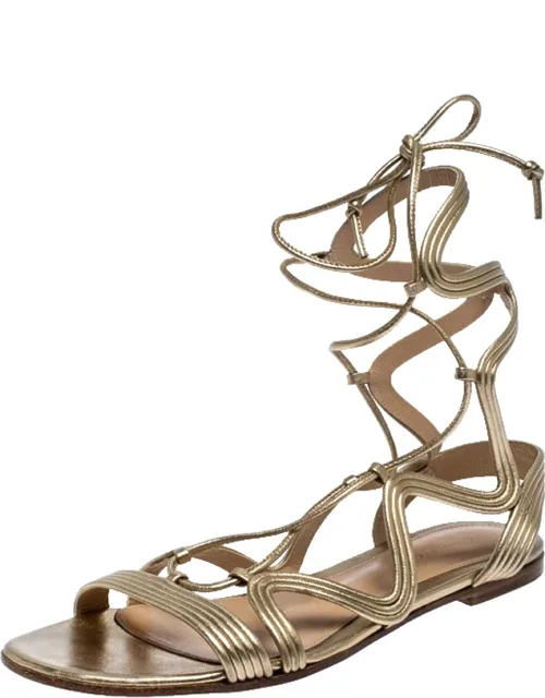 Metallic Gold Leather Gladiator Ankle Length Flat Sandals