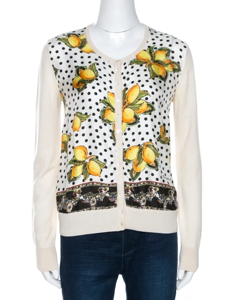 Cream Lemon Print Silk Wool Cardigan