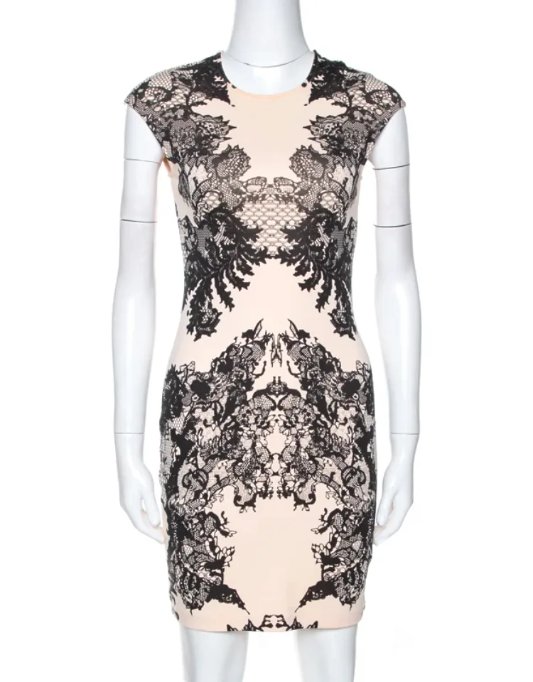 Bicolor Lace Printed Jersey Fitted Dress