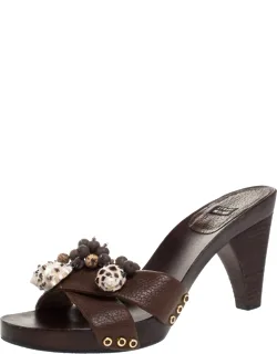 Leather Conch Shell And Bead Embellished Wooden Platform Sandals