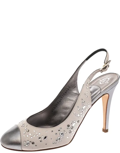 Metallic Silver Satin And Leather Crystal Embellished Slingback Sandals