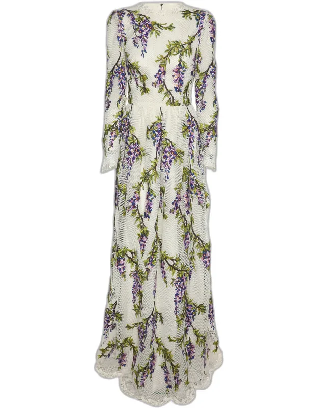 Multicolor Floral Embroidered Mesh Wisteria Maxi Dress
