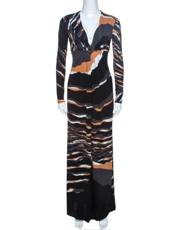 Multicolor Stretch Jersey Draped V Neck Maxi Dress