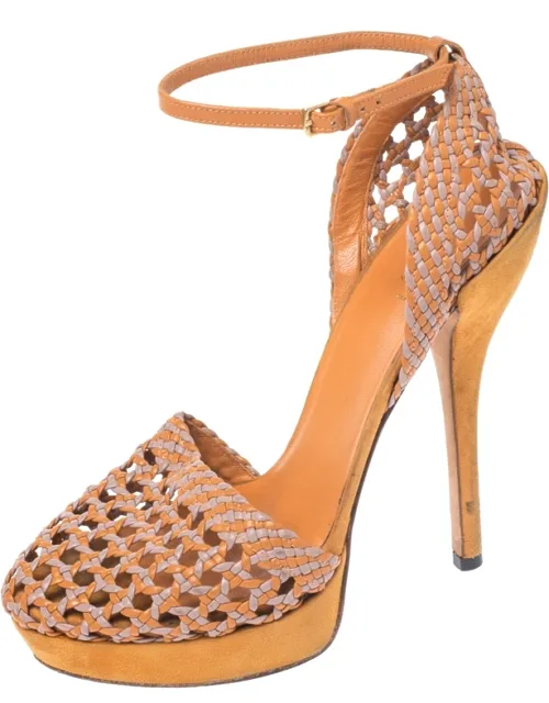 Two Tone Woven Leather Ankle Strap Platform Sandals