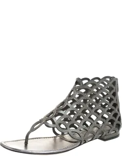Metallic Leather Cut Out Scalloped Flat Sandals