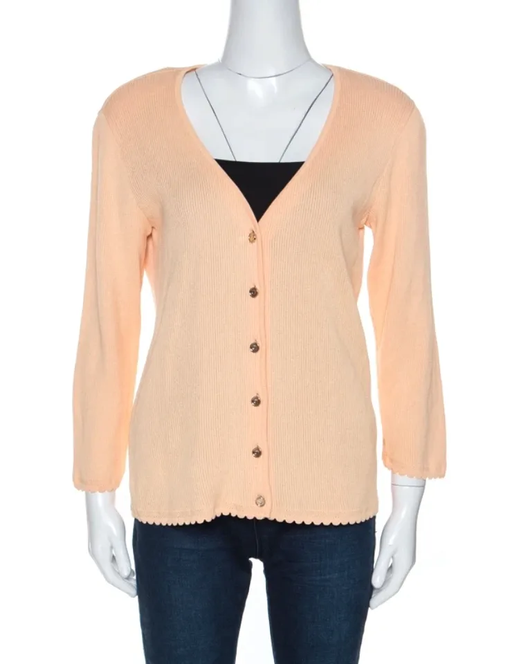 Peach Rib Knit Padded Shoulder Button Front Cardigan