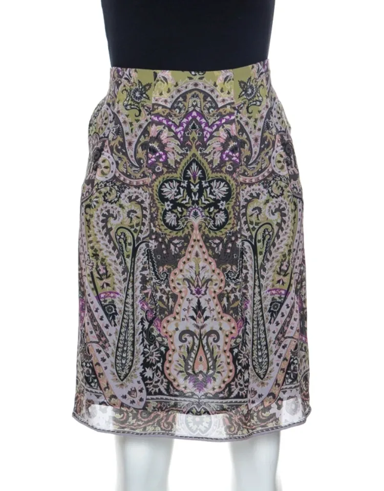 Multicolor Paisley Print Silk Skirt