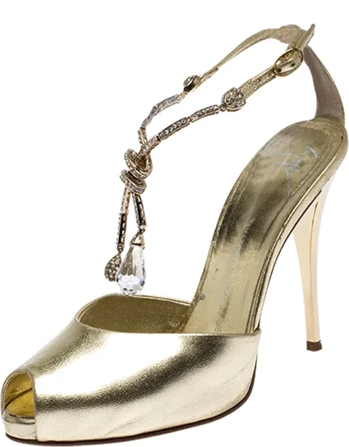 Metallic Gold Leather Dangle Crystal Embellishment Sandals