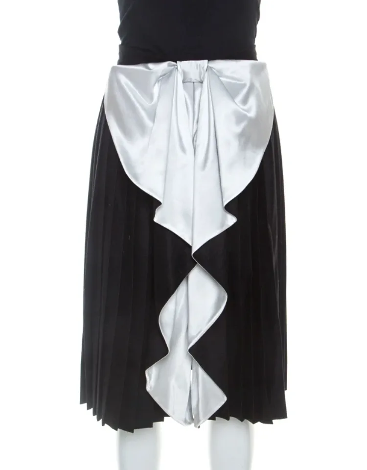 Wool Contrast Bow Detail Pleated Skirt
