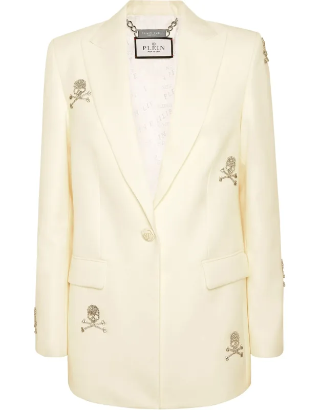 Blazer Boyfriend Fit Skull Strass Shiny Satin Peak Lapels Rhinestones Application