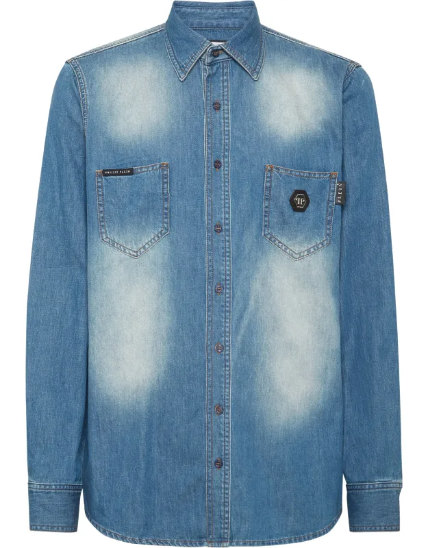 Denim Shirt Long-sleeve With Used Effect Denim And Two Patch Pockets