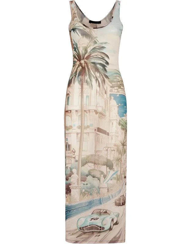 Long Dress Tanktop Racing Cars-print Slip Dress Open Back