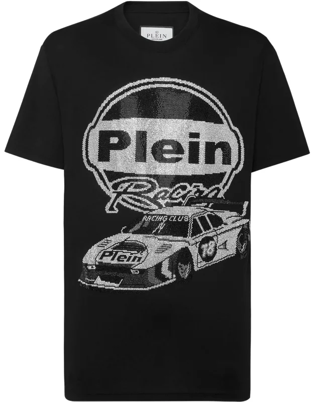 Jersey T-shirt Round Neck Ss Strass Racing With Rhinestoned Pattern And Rib Knit Neckline